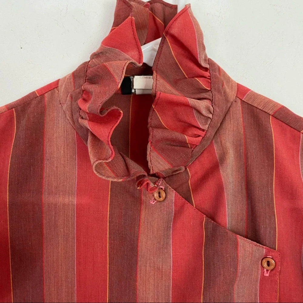 Vintage Red and Rust Striped Ruffle Blouse - Picture 4 of 13